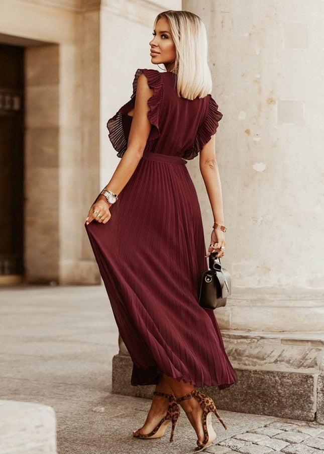 Honor™ - Dark Red Bohemian Party Dress With V-Neck