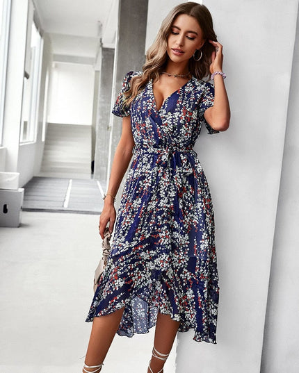 Enid™ - Dark blue Midi Dress With Bohemian Floral Print