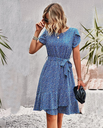 Jemima™ - Short Blue Bohemian Dress With Print