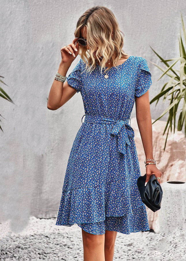Jemima™ - Short Blue Bohemian Dress With Print