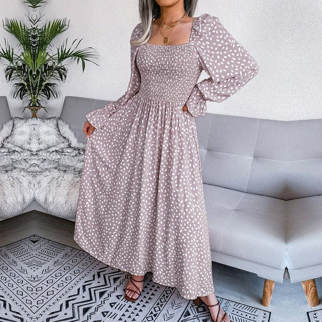 Theodora™ - Elegant Beige Long Sleeve Maxi Dress