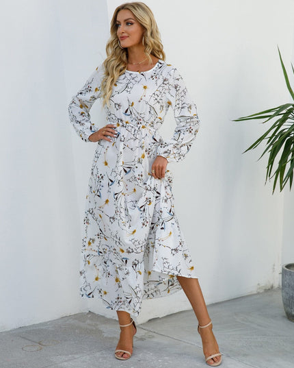Bea™ - Festive White Bohemian Dress With Floral Print Midi