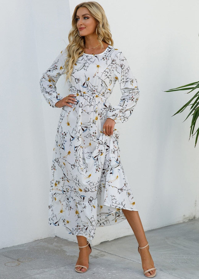 Bea™ - Festive White Bohemian Dress With Floral Print Midi