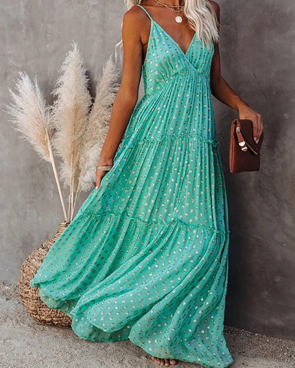 Amy™ - Green Maxi Dress With V-Neck And Summery Ibiza Print