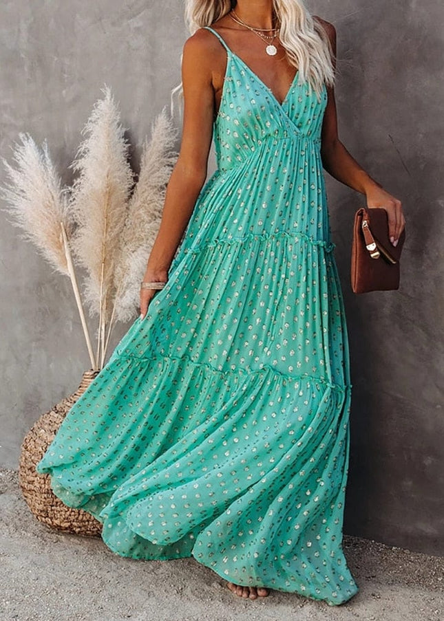 Amy™ - Green Maxi Dress With V-Neck And Summery Ibiza Print