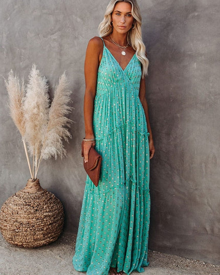 Amy™ - Green Maxi Dress With V-Neck And Summery Ibiza Print