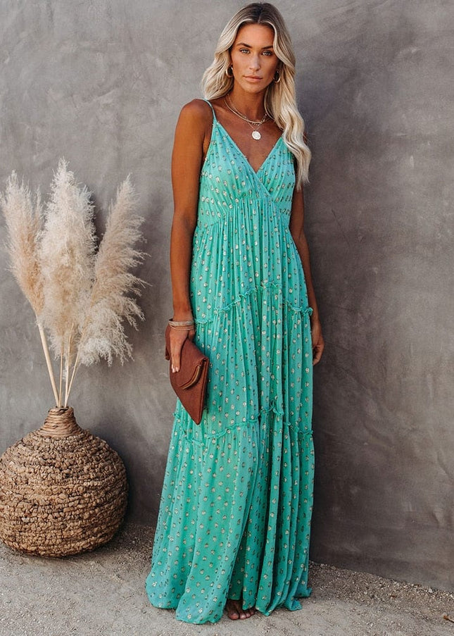 Amy™ - Green Maxi Dress With V-Neck And Summery Ibiza Print