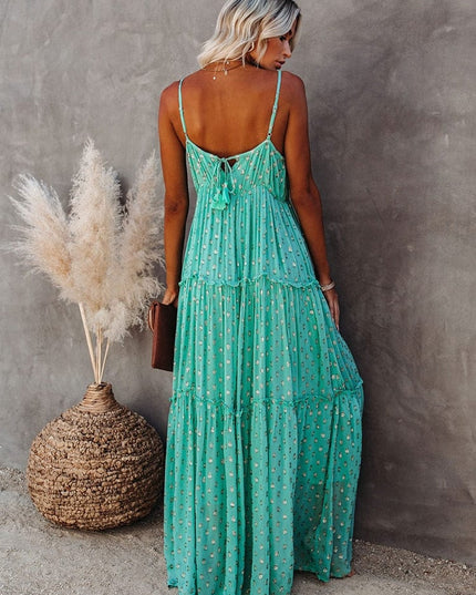 Amy™ - Green Maxi Dress With V-Neck And Summery Ibiza Print