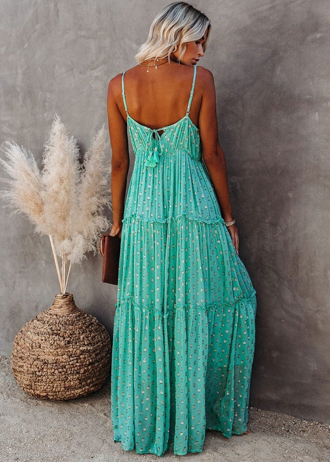 Amy™ - Green Maxi Dress With V-Neck And Summery Ibiza Print