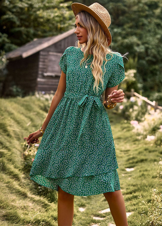 Cleo™ - Short Green Bohemian Dress With Print