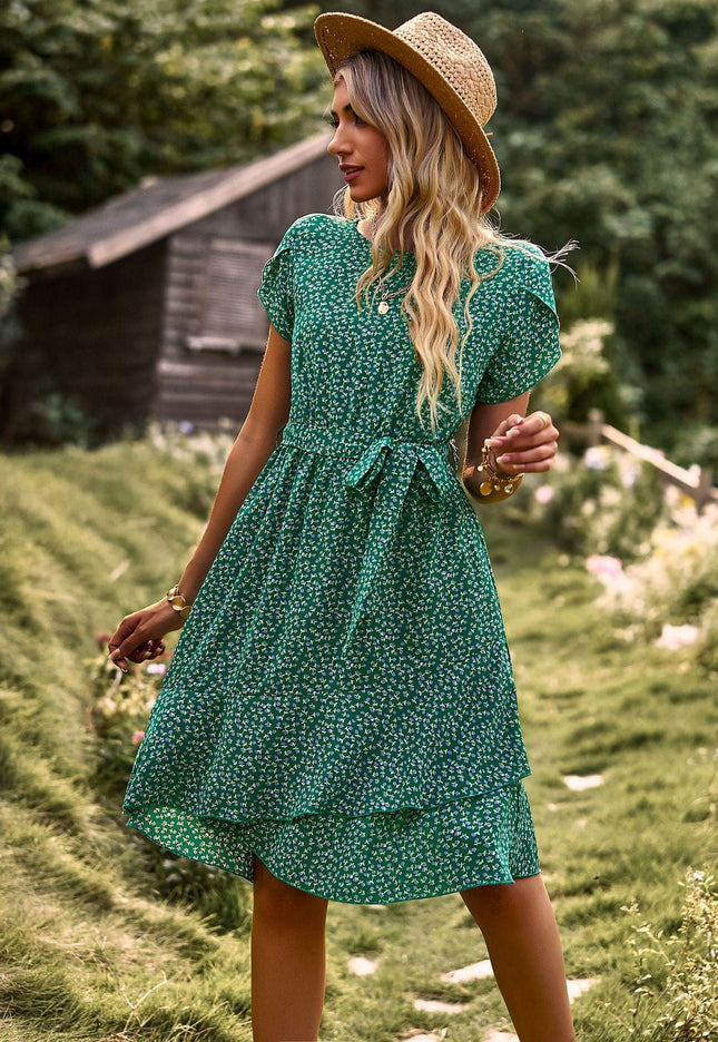 Cleo™ - Short Green Bohemian Dress With Print