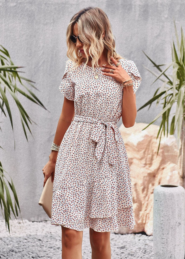 Annabelle-Rose™ - Short White Boho Dress With Black Print