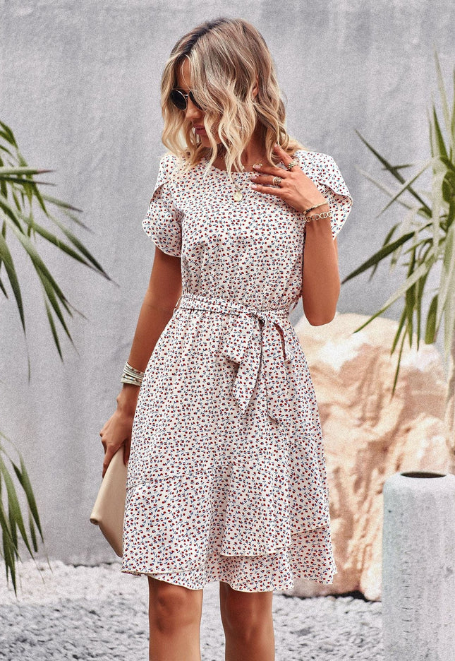 Annabelle-Rose™ - Short White Boho Dress With Black Print