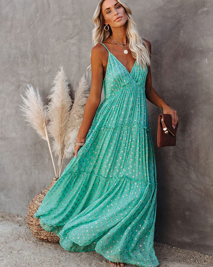 Amy™ - Green Maxi Dress With V-Neck And Summery Ibiza Print