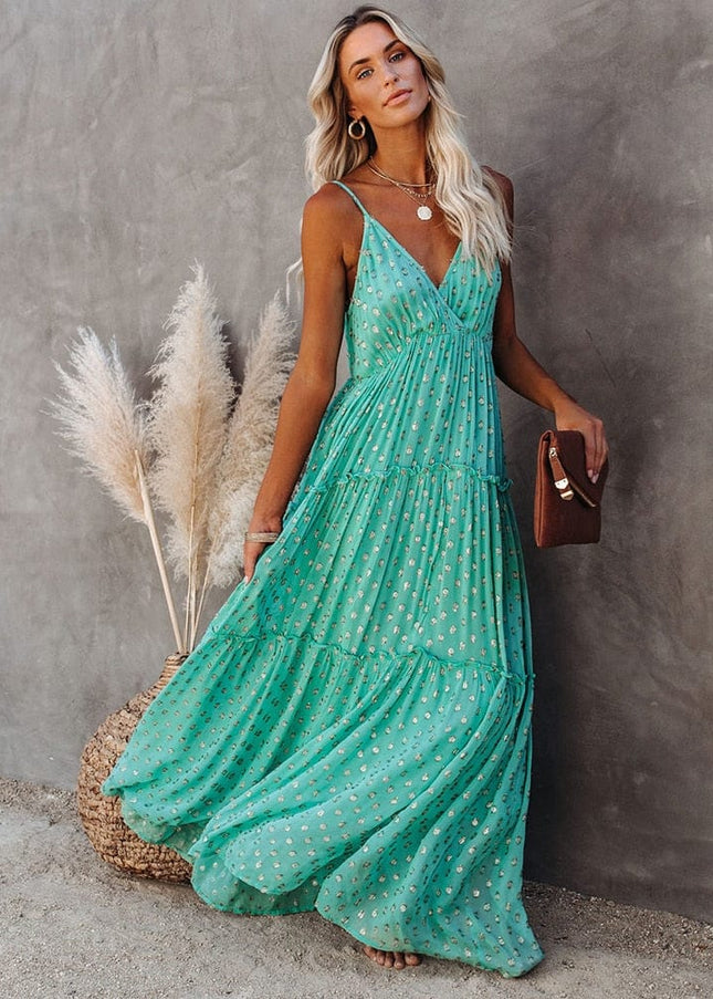Amy™ - Green Maxi Dress With V-Neck And Summery Ibiza Print