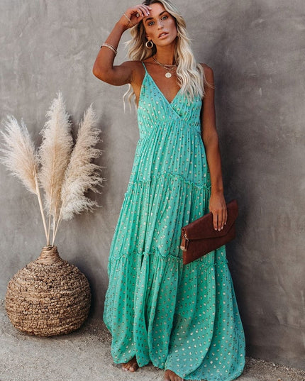 Amy™ - Green Maxi Dress With V-Neck And Summery Ibiza Print