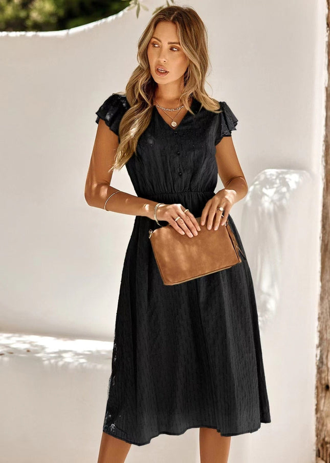 Vera™ - Midi Dress Ibiza Style With V-Neck Black