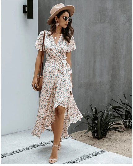 Beth™ - Pink With Print Long Ibiza Dress