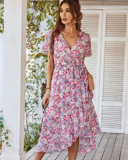 April™ - Pink Midi Dress With Bohemian Floral Print