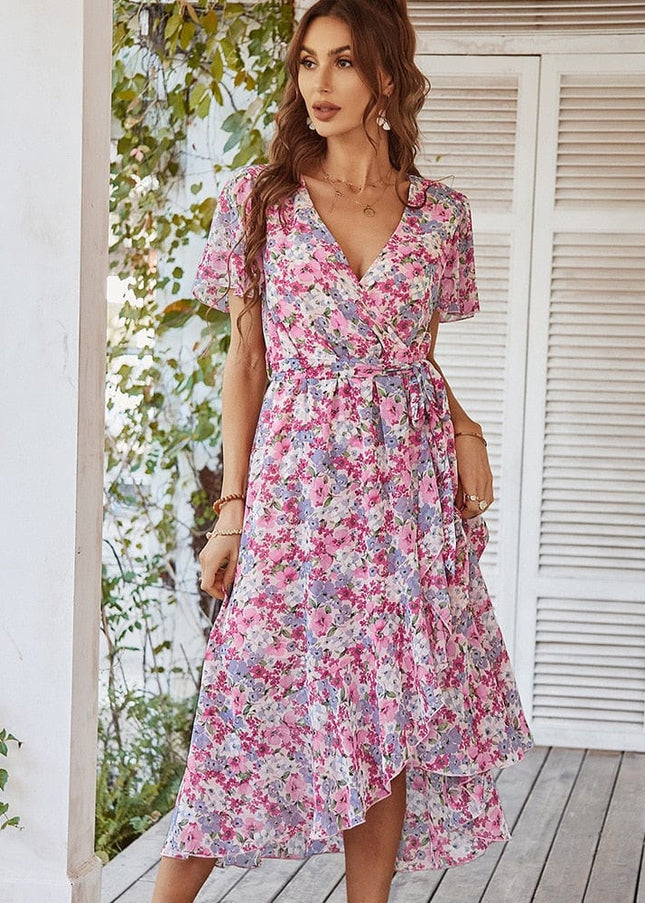 April™ - Pink Midi Dress With Bohemian Floral Print