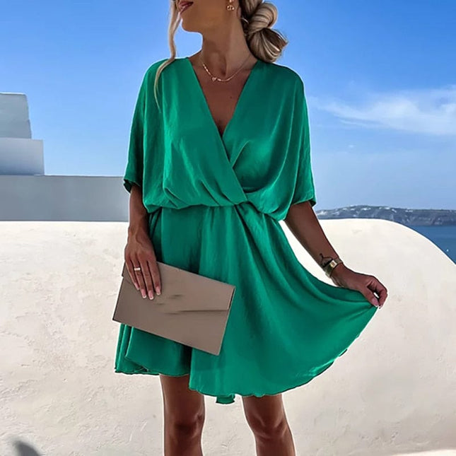 Esther™ - Festive Green Boho Dress With V-Neck
