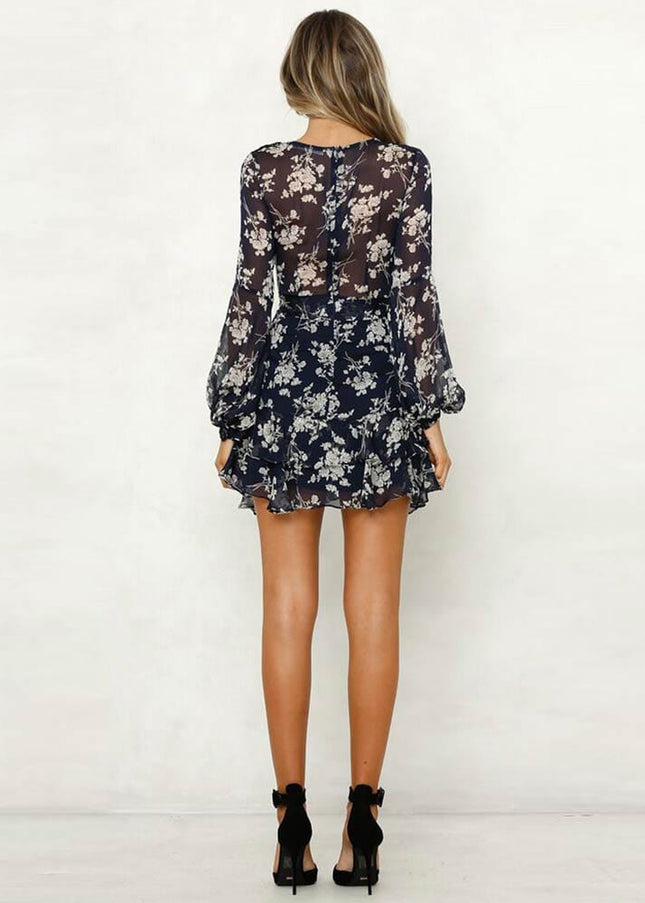Bonnie™ - Short Blue Spring Dress With V-Neck And Blue Floral Print