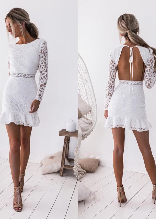 Martha™ - White Short Wedding Dress With Open Back Long Sleeve