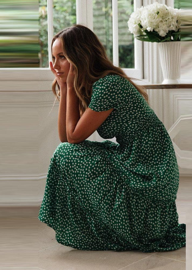 Marigold™ - Bohemian Green Midi Dress With Puff Sleeve