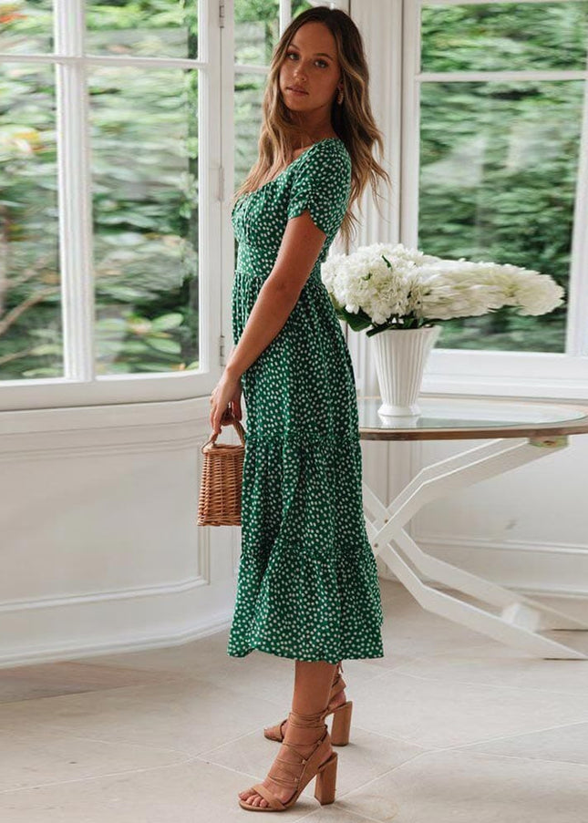 Marigold™ - Bohemian Green Midi Dress With Puff Sleeve