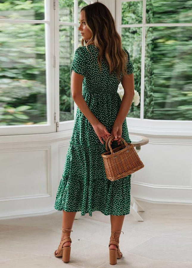 Marigold™ - Bohemian Green Midi Dress With Puff Sleeve