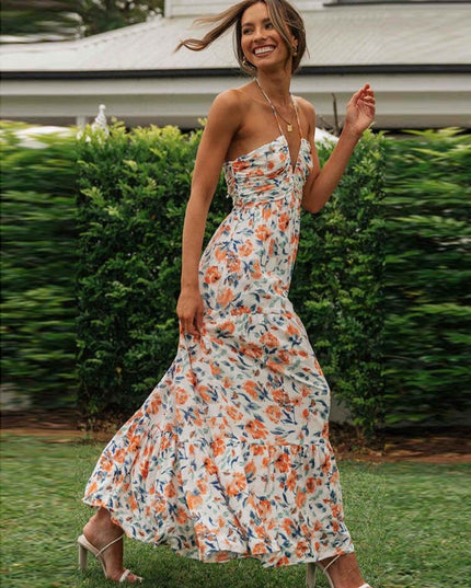 Posy™ - Summer Wedding Party Guest Dress With Orange Flowers And V-Neckline