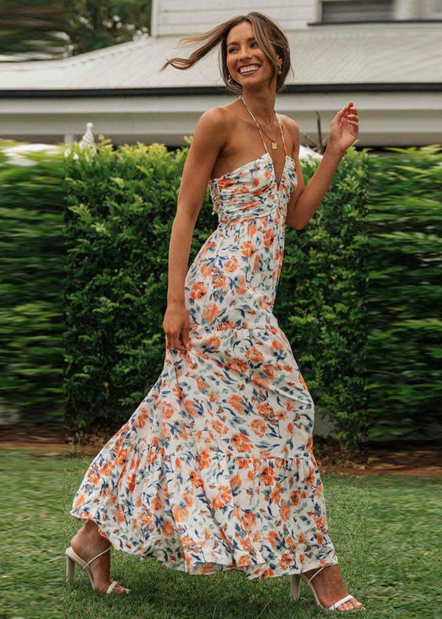 Posy™ - Summer Wedding Party Guest Dress With Orange Flowers And V-Neckline