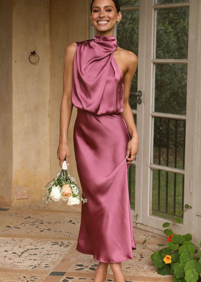 Norah™ - Elegant Satin Dress With High Neck Old Pink