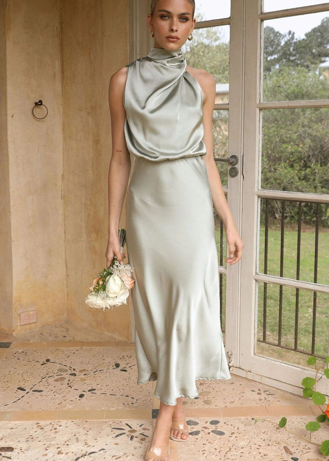 Trudy™ - Elegant Satin Dress With High Neck Light Gold