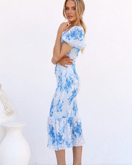 Connie™ - Blue Midi Mermaid Dress With Puff Sleeves