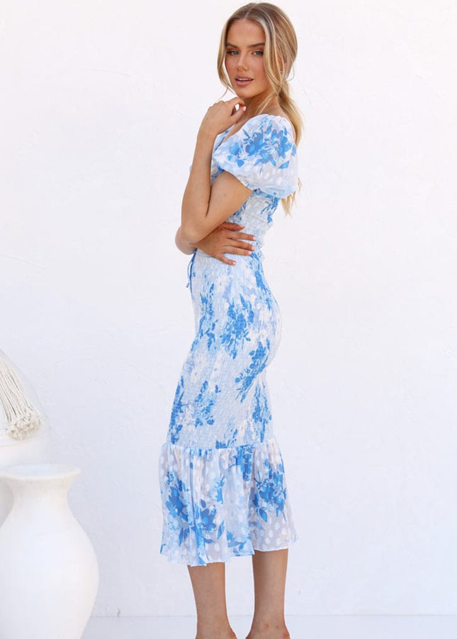 Connie™ - Blue Midi Mermaid Dress With Puff Sleeves