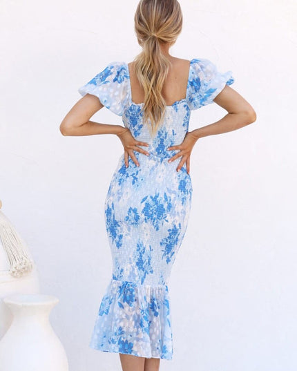 Connie™ - Blue Midi Mermaid Dress With Puff Sleeves