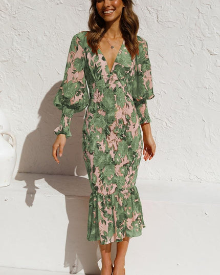 Sylvie™ - Green Long Sleeve Dress With Elegant Print And V-Neck