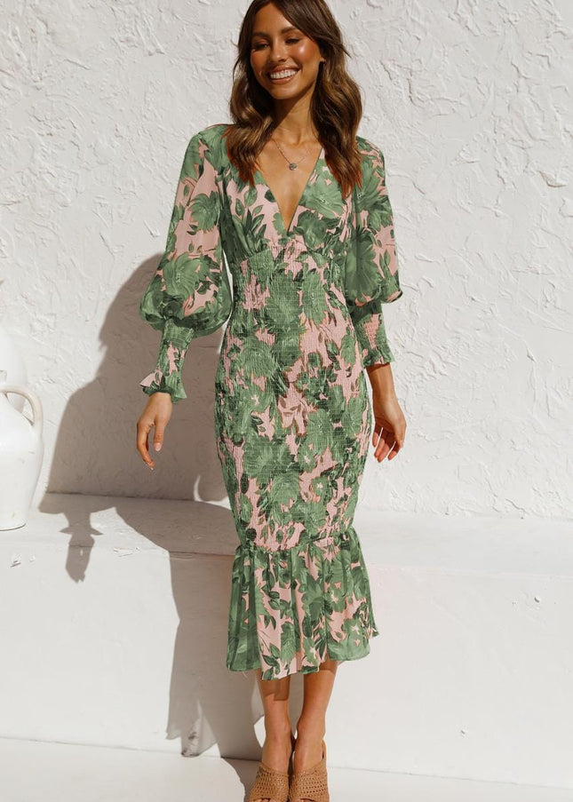 Sylvie™ - Green Long Sleeve Dress With Elegant Print And V-Neck