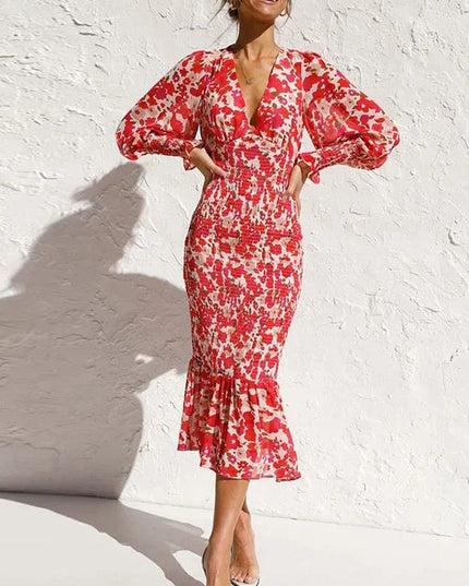 Tabitha™ - Red Long Sleeve Dress With Elegant Print And V-Neck