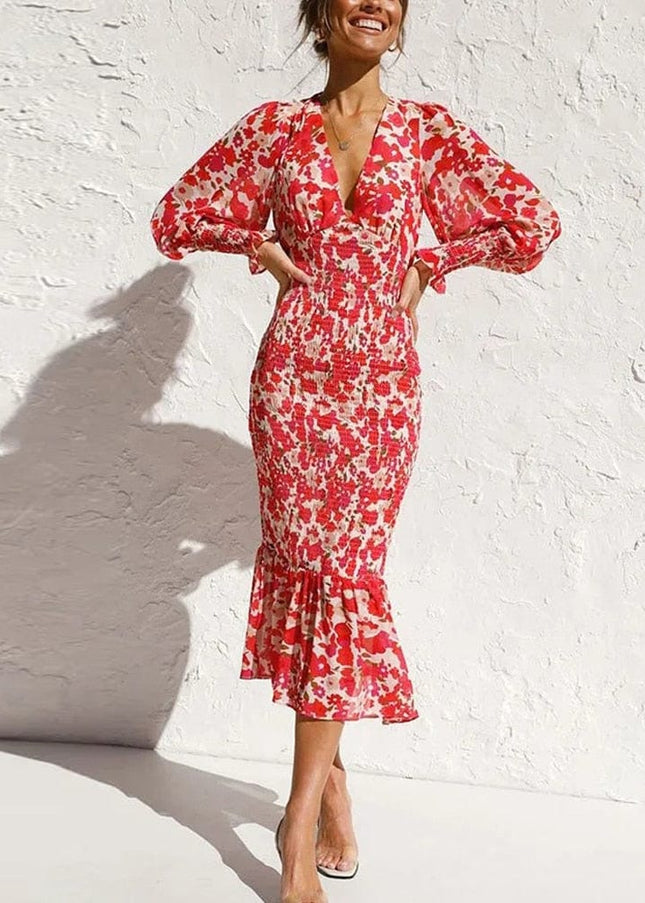 Tabitha™ - Red Long Sleeve Dress With Elegant Print And V-Neck