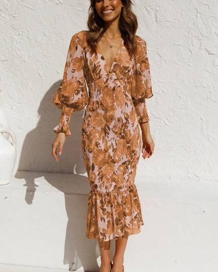 Marnie™ - Brown Long Sleeve Dress With Elegant Print And V-Neck