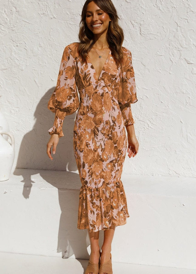 Marnie™ - Brown Long Sleeve Dress With Elegant Print And V-Neck
