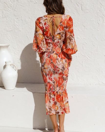 Marnie™ - Brown Long Sleeve Dress With Elegant Print And V-Neck