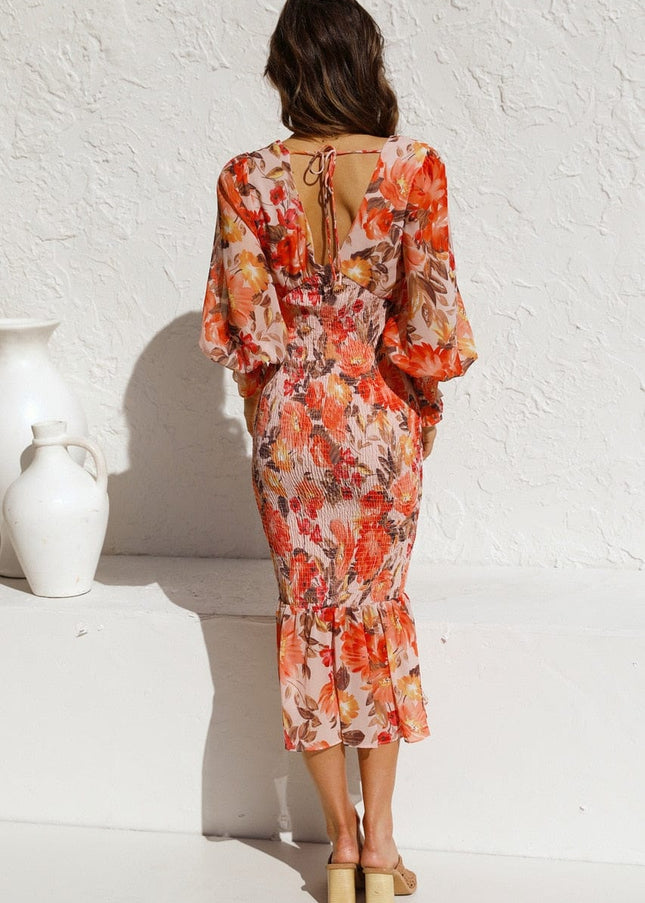 Marnie™ - Brown Long Sleeve Dress With Elegant Print And V-Neck