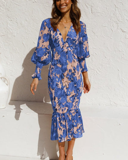 Janet™ - Blue Long Sleeve Dress With Elegant Print And V-Neck