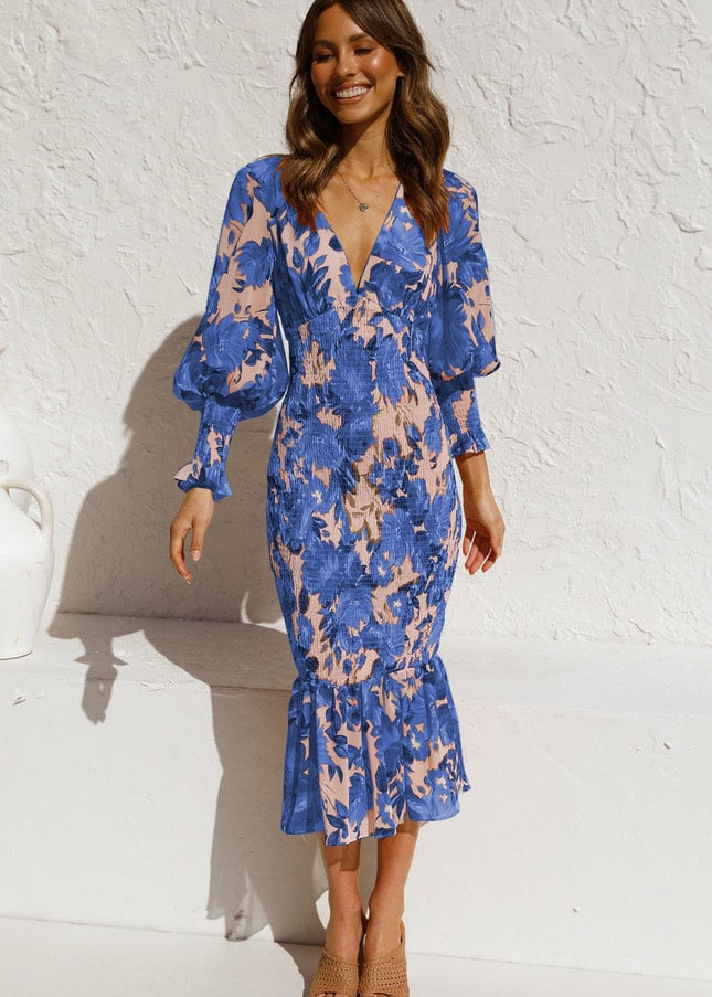 Janet™ - Blue Long Sleeve Dress With Elegant Print And V-Neck