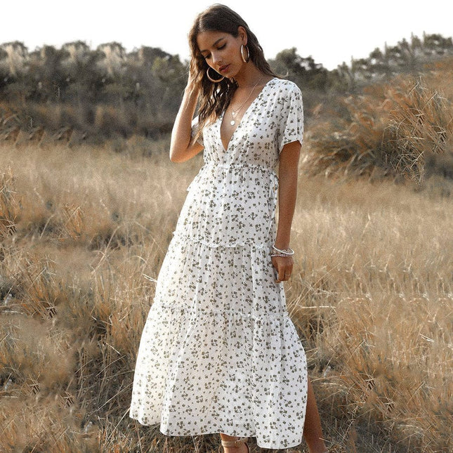 Georgette™ - White Long Summer Dress with Print