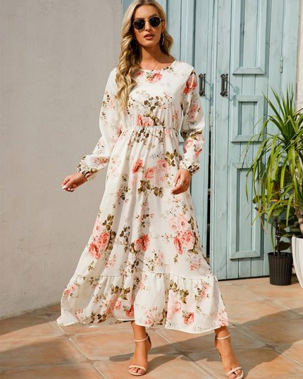Polly™ - White Long Sleeve Maxi Dress With Summer Floral Print