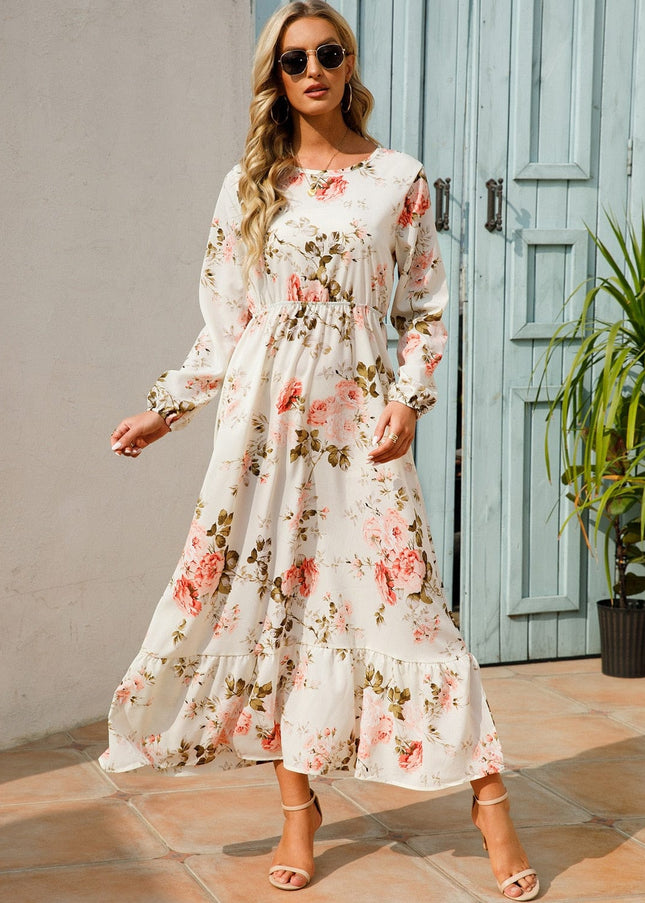 Polly™ - White Long Sleeve Maxi Dress With Summer Floral Print